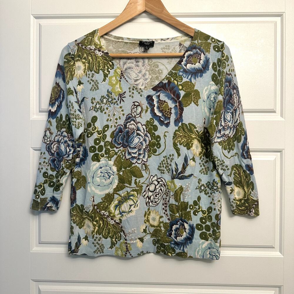 Talbots Floral V-neck 3/4 Sleeve Sweater Sz L